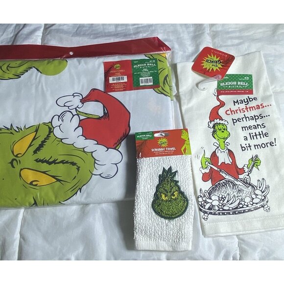 Grinch Tablecloth 84”x 60” Towel Scrubby 10”x 10”Kitchen Towel 19” X 25” Set - Picture 3 of 12